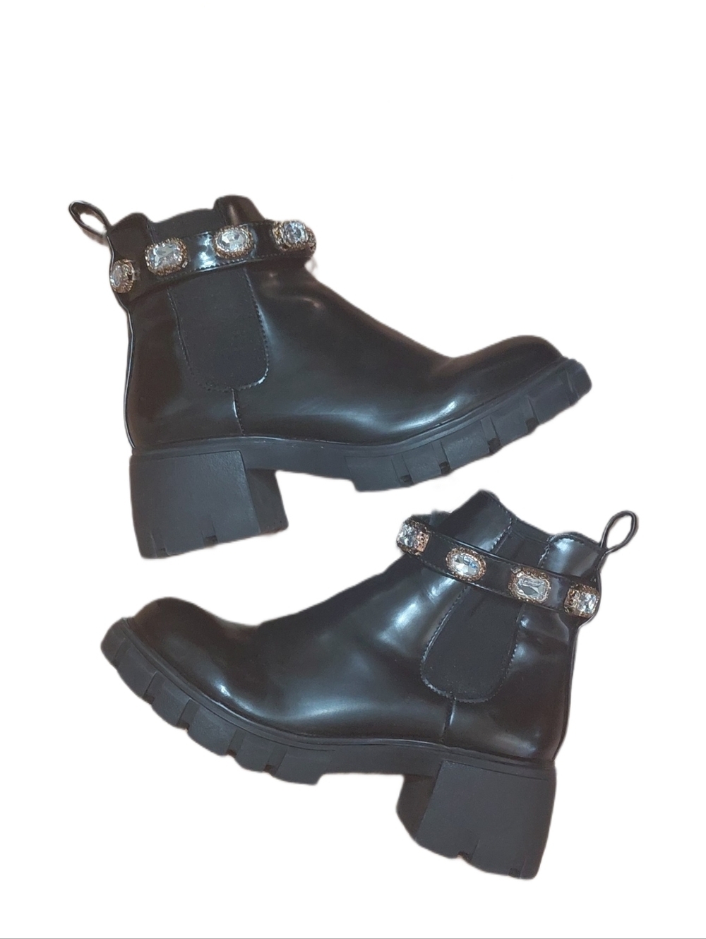 Steve Madden Jeweled Black Leather Chunky Ankle Boots Rhinestone Combat Boot 8